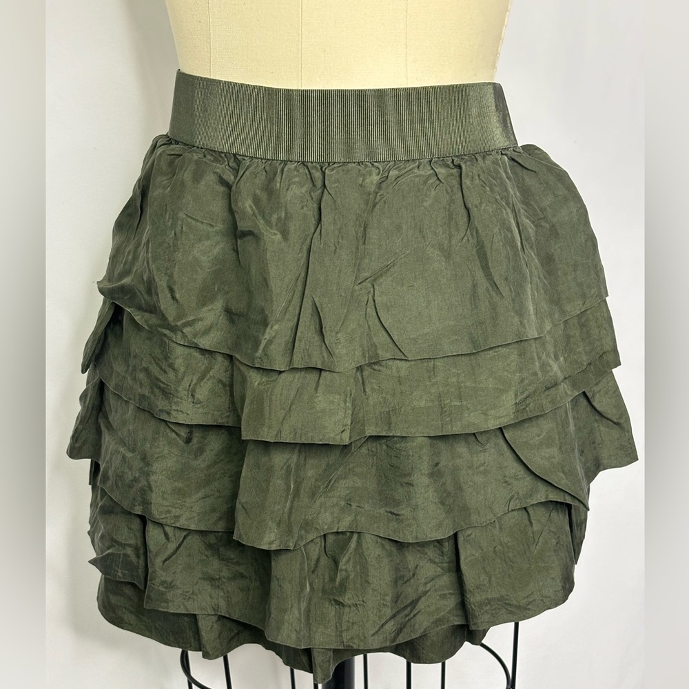 J. Crew Olive Green Silk Ruffled Tiered Mini Skirt 6 Medium